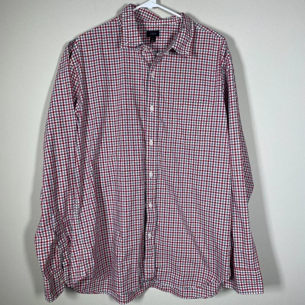 J Crew Men's LS Red Gray Plaid Button-Up Shirt XL 100% Cotton!